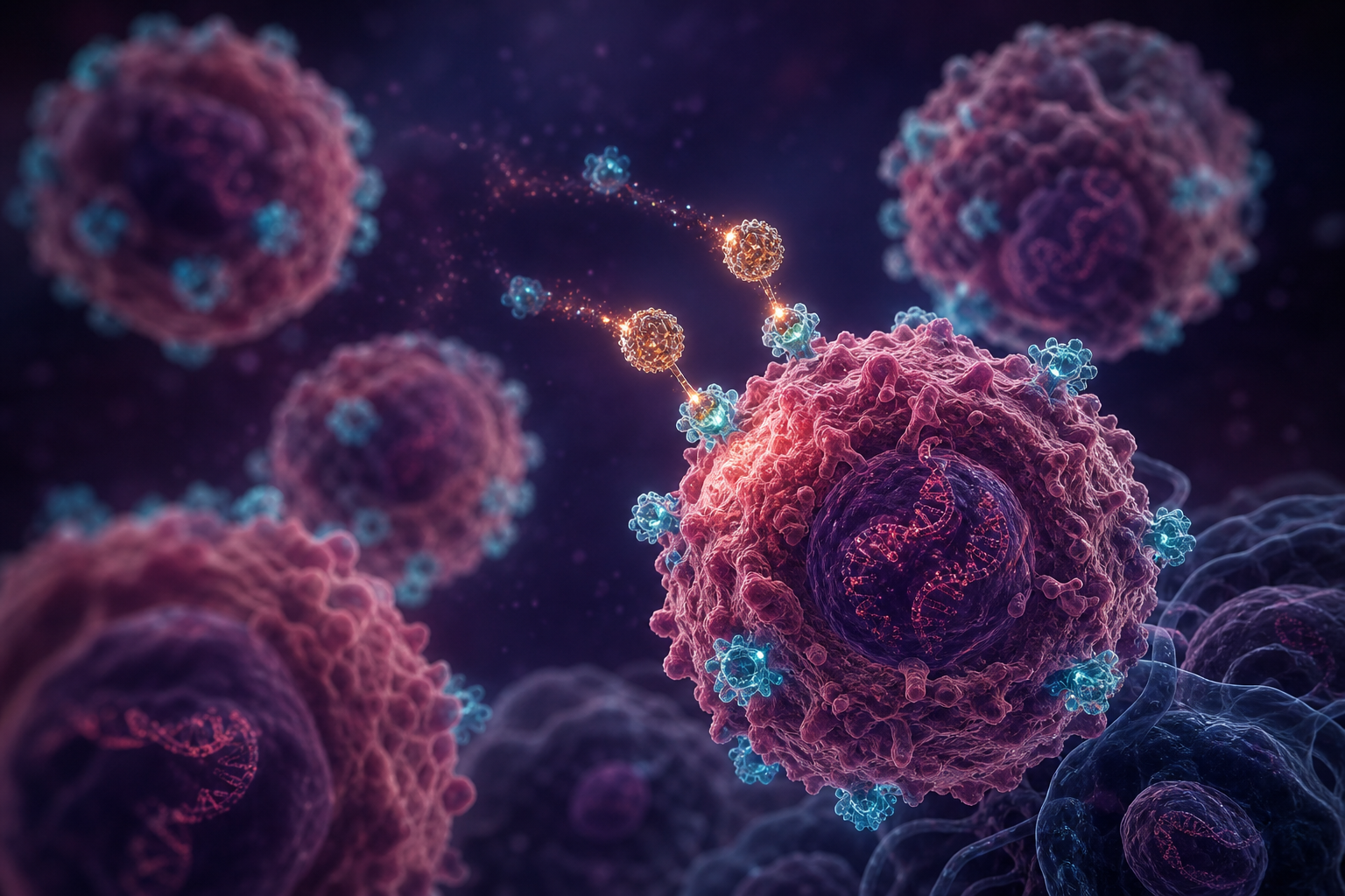 Illustration of cancer cell targeting and therapy biomarkers