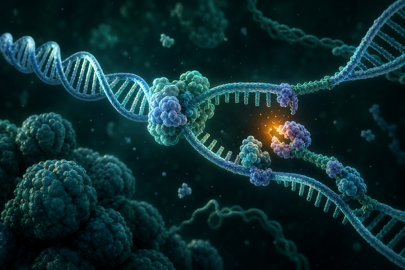 Illustration of DNA break repair and replication fork protection